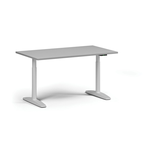 Höhenverstellbarer Schreibtisch OBOL, elektrisch, 675-1325 mm, Tischplatte 1400x800 mm, weißes abgerundetes Untergestell, grau