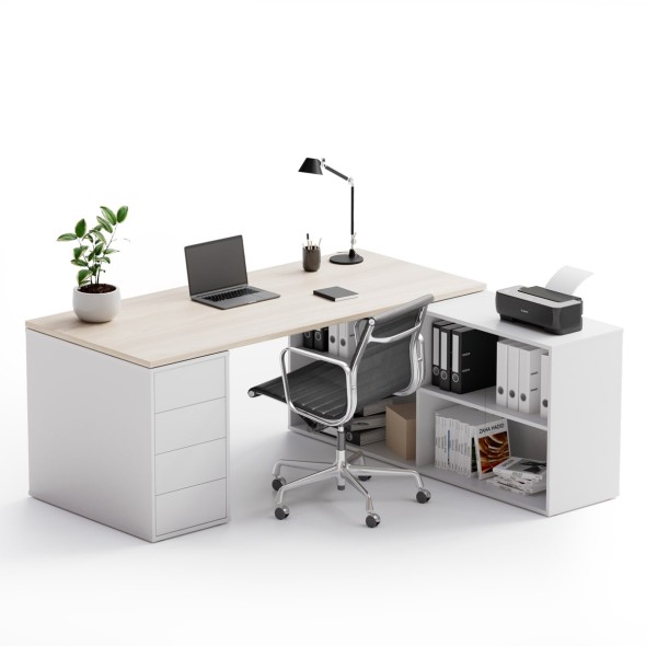 Kancelársky písací stôl s úložným priestorom BLOCK B04, biela/dub prírodný