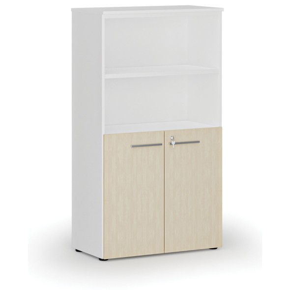 Kombinovaná kancelářská skříň PRIMO WHITE, dveře na 2 patra, 1434 x 800 x 420 mm, bílá/bříza
