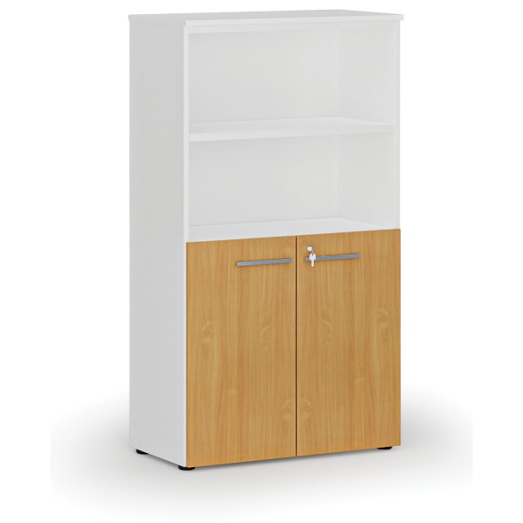 Kombinovaná kancelářská skříň PRIMO WHITE, dveře na 2 patra, 1434 x 800 x 420 mm, bílá/buk