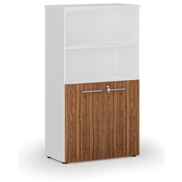 Kombinovaná kancelářská skříň PRIMO WHITE, dveře na 2 patra, 1434 x 800 x 420 mm, bílá/ořech