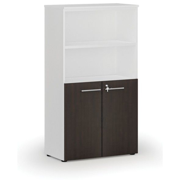 Kombinovaná kancelářská skříň PRIMO WHITE, dveře na 2 patra, 1434 x 800 x 420 mm, bílá/wenge