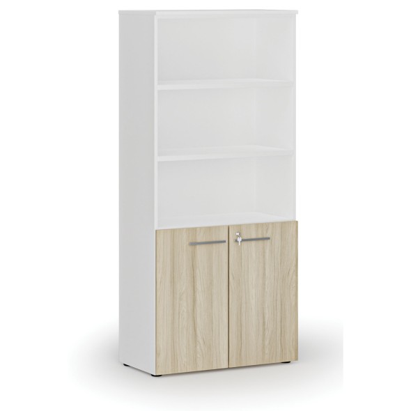 Kombinovaná kancelářská skříň PRIMO WHITE, dveře na 2 patra, 1781 x 800 x 420 mm, bílá/dub přírodní