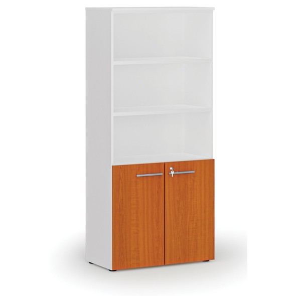 Kombinovaná kancelářská skříň PRIMO WHITE, dveře na 2 patra, 1781 x 800 x 420 mm, bílá/třešeň