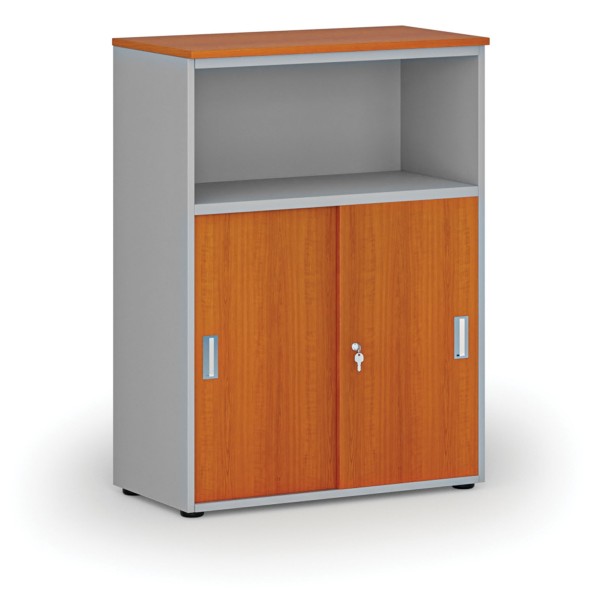 Kombinovaná kancelářská skříň se zásuvnými dveřmi PRIMO GRAY, 1087 x 800 x 420 mm, šedá/třešeň