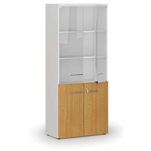 Kombinovaná kancelárska skriňa PRIMO WHITE s drevenými a sklenenými dverami, 1781 x 800 x 420 mm, biela/buk
