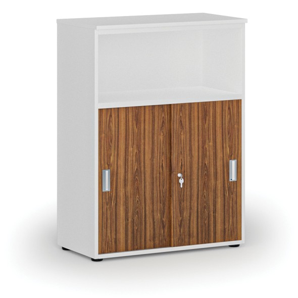 Kombinovaná kancelárska skriňa so zásuvnými dverami PRIMO WHITE, 1087 x 800 x 420 mm, biela/orech