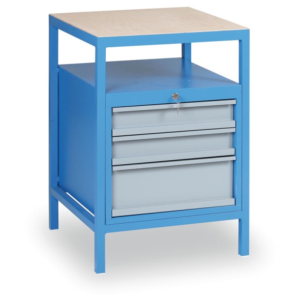 Kontenerek dostawny do stołów warsztatowych GÜDE, 3 szuflady, 1 półka, 575 x 600 x 850 mm, niebieski