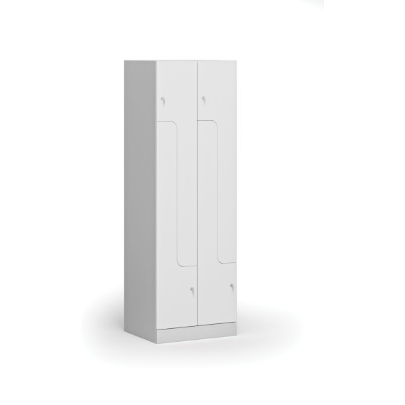 Kovová šatní skříňka Z, 4 oddíly, 1850 x 600 x 500 mm, cylindrický zámek, laminované dveře, bílá