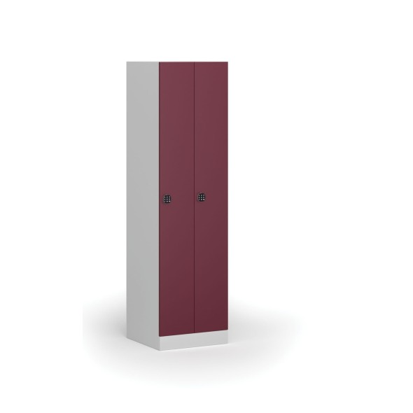 Kovová šatní skříňka zúžená, 2 oddíly, 1850 x 500 x 500 mm, kódový zámek, červené dveře