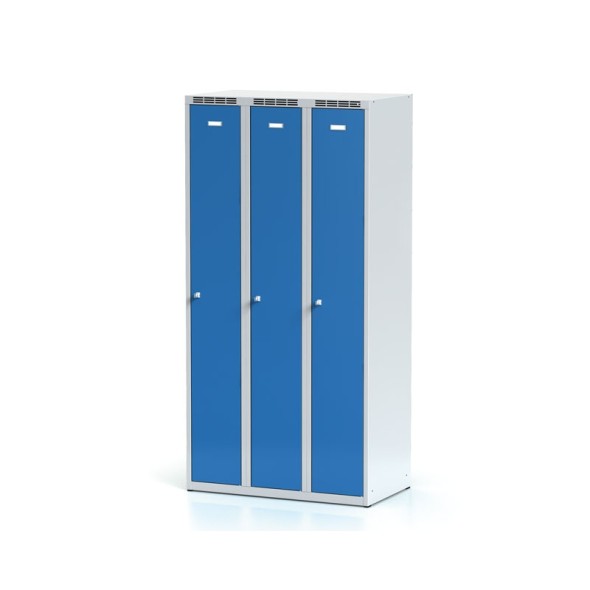 Kovová šatníková skrinka 3-dielna, modré dvere, cylindrický zámok