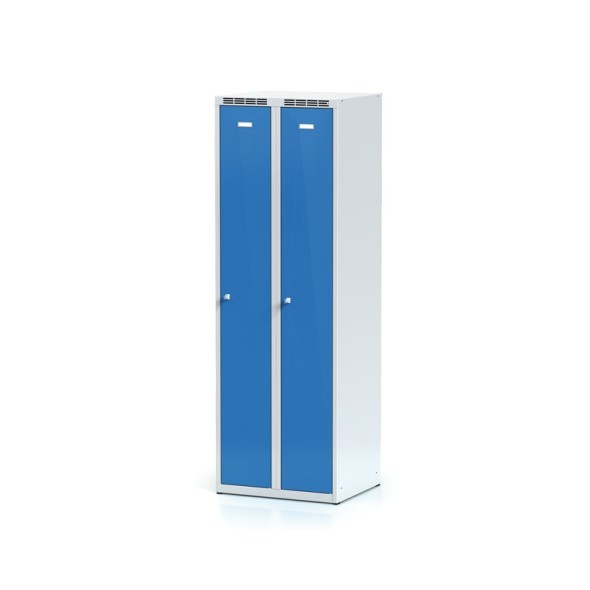 Kovová šatníková skrinka, modré dvojplášťové dvere, cylindrický zámok