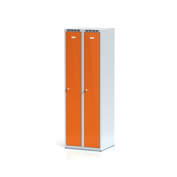 Kovová šatníková skrinka, oranžové dvere, cylindrický zámok