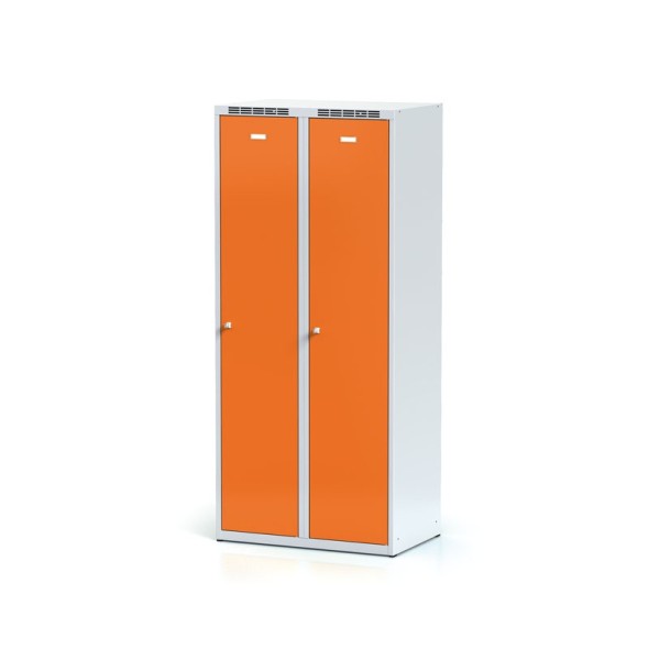 Kovová šatníková skrinka s medzistenou, 2-dverová, oranžové dvere, cylindrický zámok