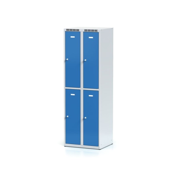 Kovová šatníková skrinka s úložnými boxami, 4 boxy, modré dvere, cylindrický zámok
