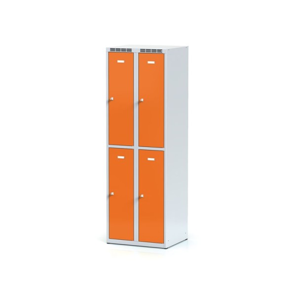 Kovová šatníková skrinka s úložnými boxami, 4 boxy, oranžové dvere, cylindrický zámok