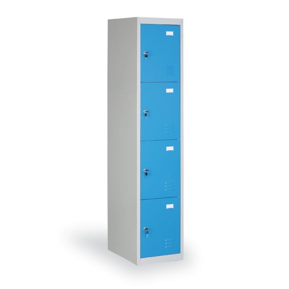 Kovová šatňová skrinka s úložnými boxami, 4 boxy, modré dvere, cylindrický zámok