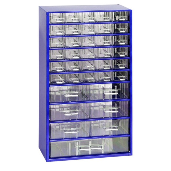 Kovová závesná skrinka so zásuvkami, 37 zásuviek, modrá