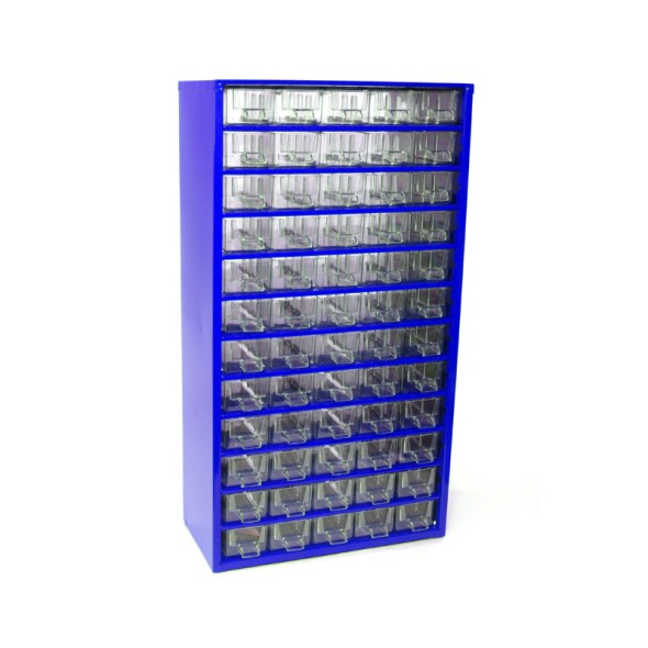 Kovová závesná skrinka so zásuvkami, 60 zásuviek, modrá