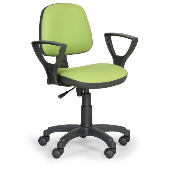 Krzesło robocze na kółkach MILANO z podłokietnikami, permanentny kontakt, do miękkich podłóg, zielone