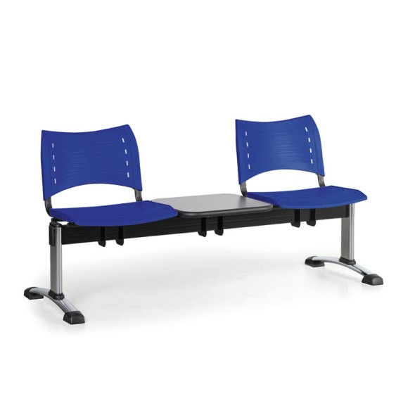 Ławka do poczekalni plastikowa VISIO, 2 siedzenia + stołek, niebieski, chromowane nogi