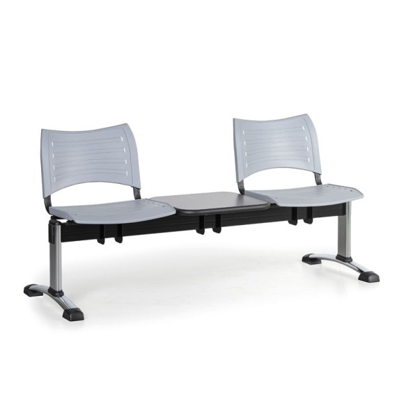 Ławka do poczekalni plastikowa VISIO, 2 siedzenia + stołek, szary, chromowane nogi