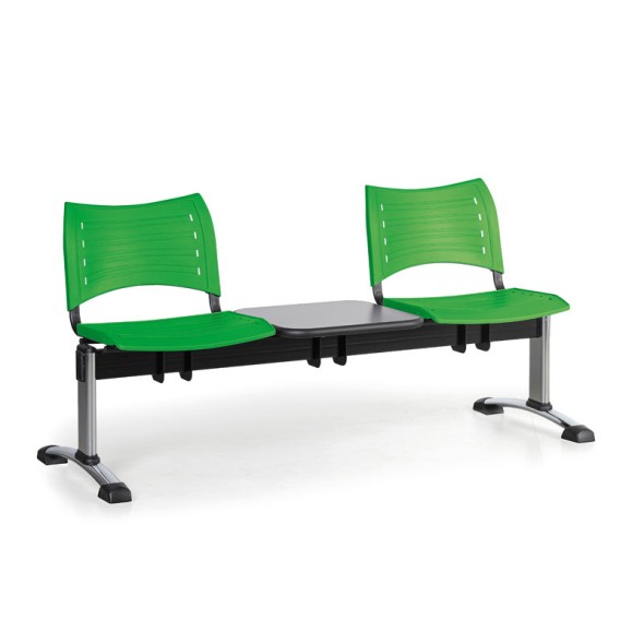 Ławka do poczekalni plastikowa VISIO, 2 siedzenia + stołek, zielony, chromowane nogi