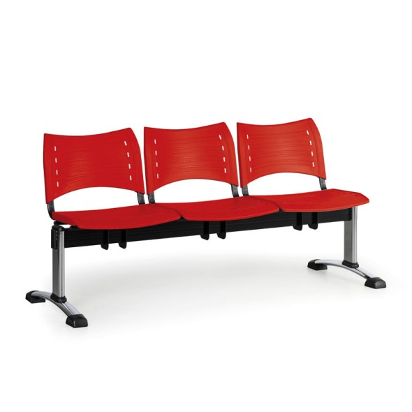 Ławka do poczekalni plastikowa VISIO, 3 siedzenia, czerwony, chromowane nogi