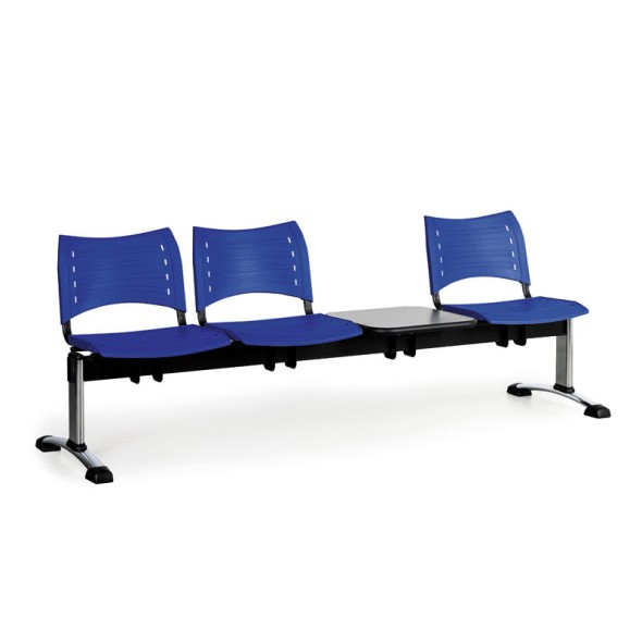 Ławka do poczekalni plastikowa VISIO, 3 siedzenia + stołek, niebieski, chromowane nogi