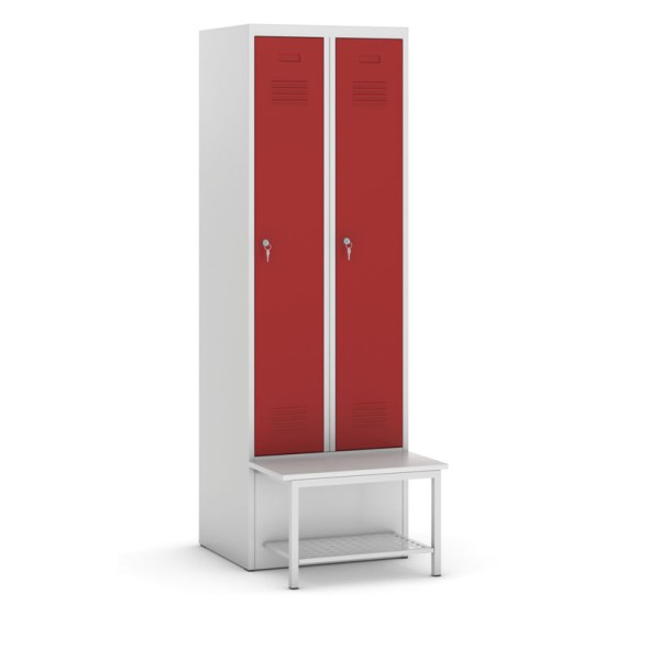 Metallkleiderschrank mit Sitzbank und Regal, rote Tür, Zylinderschloss