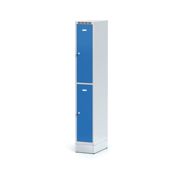 Metallspind auf Sockel mit Aufbewahrungsboxen, 2 Boxen, blaue Tür, Drehriegelschloss