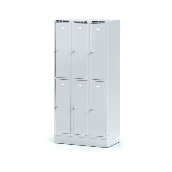 Metallspind auf Sockel mit Aufbewahrungsboxen, 6 Boxen, graue Tür, Drehriegelschloss