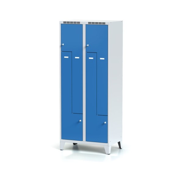 Metallspind, Z-Türen, mit Füßen, 4-teilig, blau, Zylinderschloss
