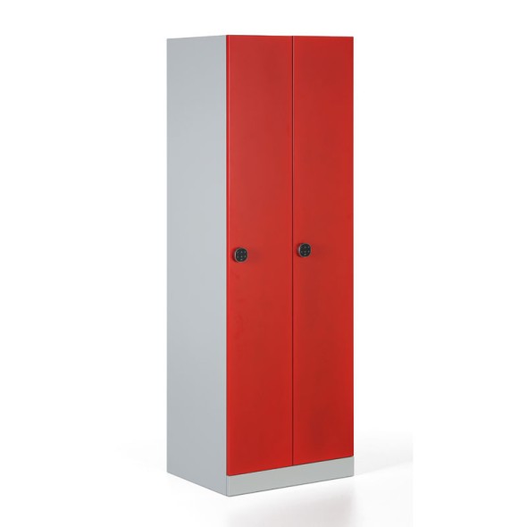 Metalowa szafka ubraniowa, rozłożona, czerwone drzwi, zamek kodowy