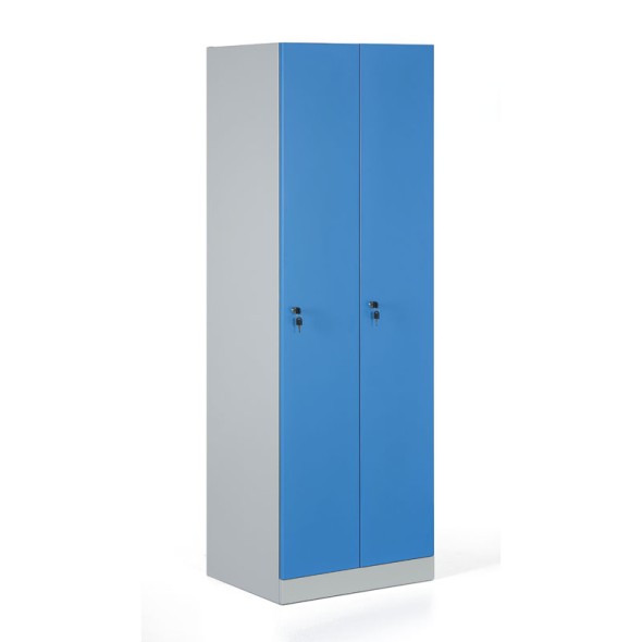 Metalowa szafka ubraniowa, rozłożona, niebieskie drzwi, zamek cylindryczny