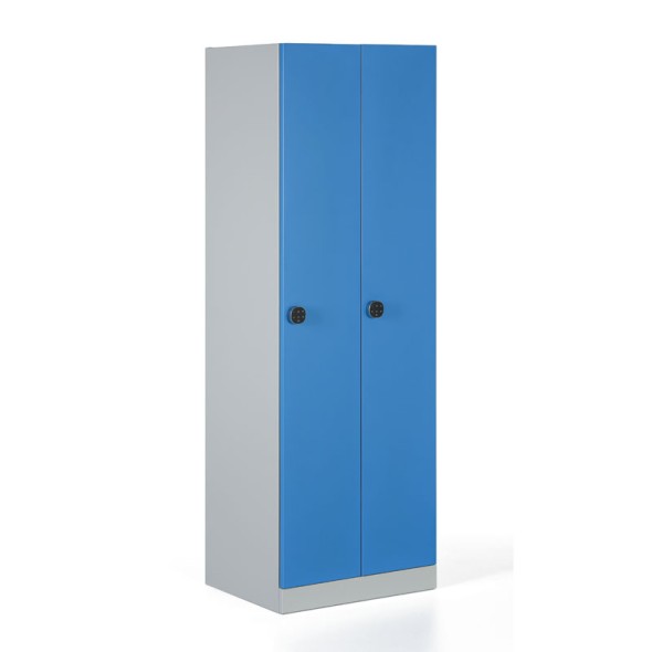 Metalowa szafka ubraniowa, rozłożona, niebieskie drzwi, zamek kodowy