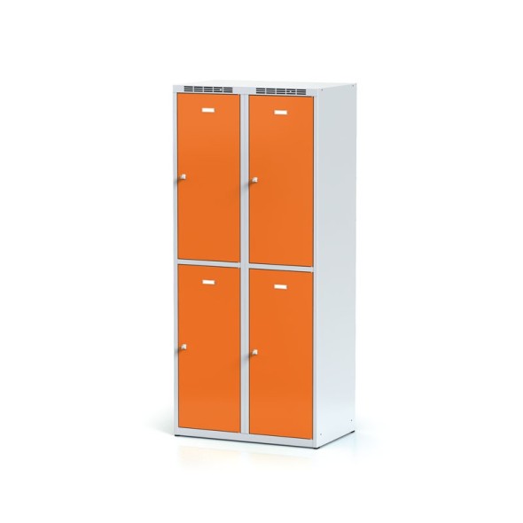 Metalowa szafka ubraniowa ze schowkami, 4-drzwiowa, drzwi pomarańczowe, zamek obrotowy