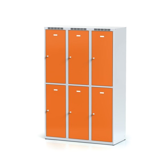 Metalowa szafka ubraniowa ze schowkami, 6-drzwiowa, drzwi pomarańczowe, zamek cylindryczny