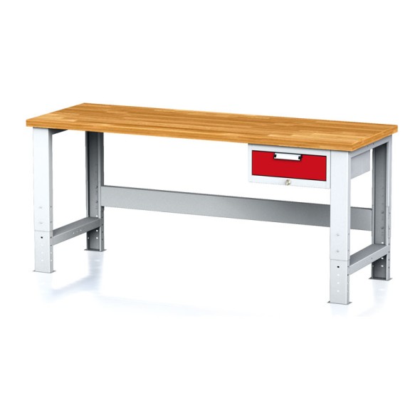 Nastaviteľný dielenský stôl MECHANIC I, závesný box na náradie, 1 zásuvka, 2000x700x700-1055 mm, červené dvere