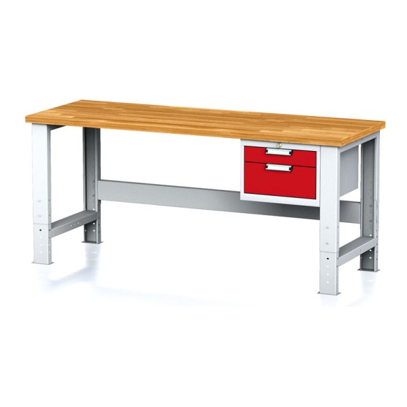 Nastaviteľný dielenský stôl MECHANIC I, závesný box na náradie, 2 zásuvky, 2000x700x700-1055 mm, červené dvere