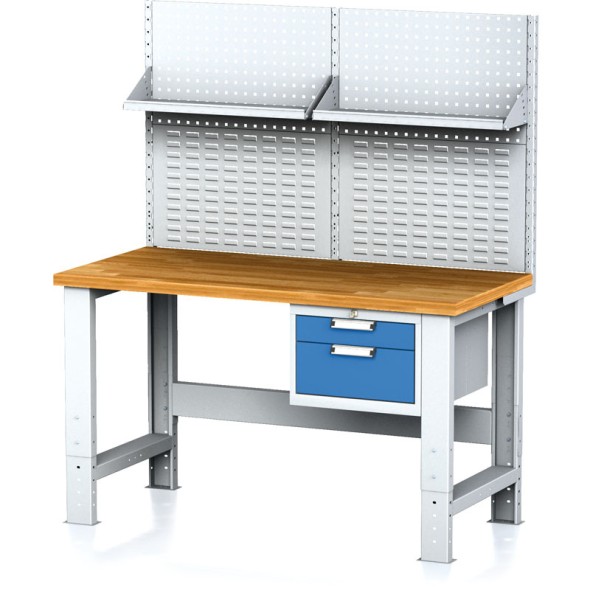 Nastaviteľný dielenský stôl MECHANIC I, závesný box na náradie, nadstavba, polica, 2 zásuvky, 1500x700x700-1055 mm, modré