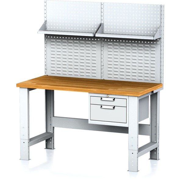 Nastaviteľný dielenský stôl MECHANIC I, závesný box na náradie, nadstavba, polica, 2 zásuvky, 1500x700x700-1055 mm, sivé