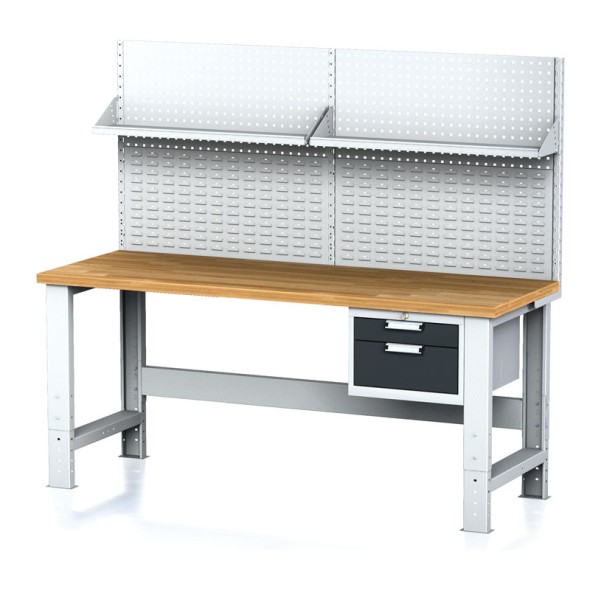 Nastaviteľný dielenský stôl MECHANIC I, závesný box na náradie, nadstavba, polica, 2 zásuvky, 2000x700x700-1055 mm, antracit