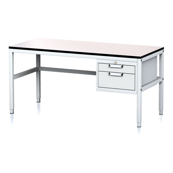 Nastaviteľný dielenský stôl MECHANIC II, 2 zásuvkový box na náradie, 1600x700x745-985 mm, sivá/sivá