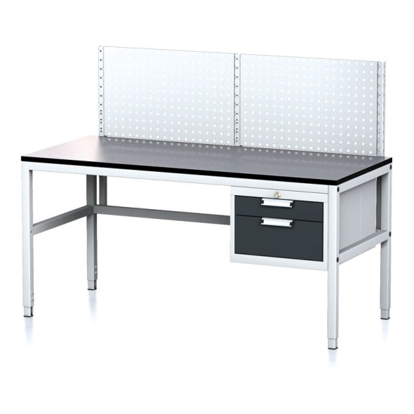 Nastaviteľný dielenský stôl MECHANIC II s perfopanelom, 2 zásuvkový box na náradie, 1600x700x745-985 mm, sivá/antracit