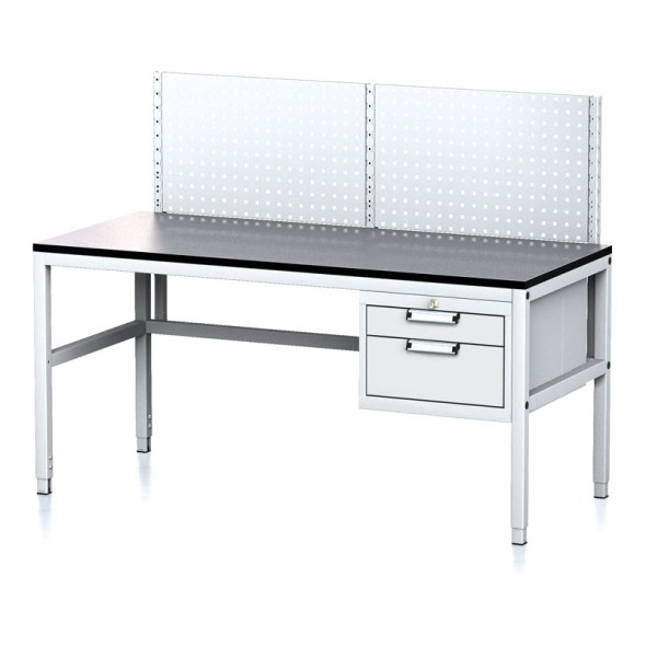 Nastaviteľný dielenský stôl MECHANIC II s perfopanelom, 2 zásuvkový box na náradie, 1600x700x745-985 mm, sivá/sivá