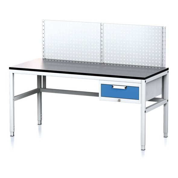 Nastavitelný dílenský stůl MECHANIC II, s perfopanelem, 1 zásuvkový box na nářadí, 1600x700x745-985 mm, šedá/modrá