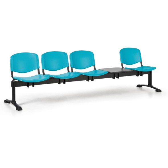 Plastová lavice do čekáren ISO, 4-sedák, se stolkem, zelená, černé nohy