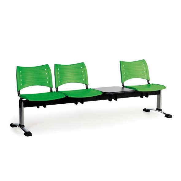 Plastová lavice do čekáren VISIO, 3-sedák, se stolkem, zelená, chromované nohy