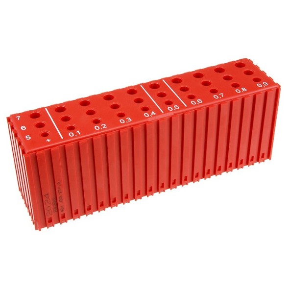 Plastový box na ukladanie vrtákov s priemerom 5–7,9 mm, modul 20x5, 30 dutín, červená